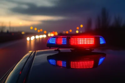 Police Car Emergency Lights Flashing On Highway At Night