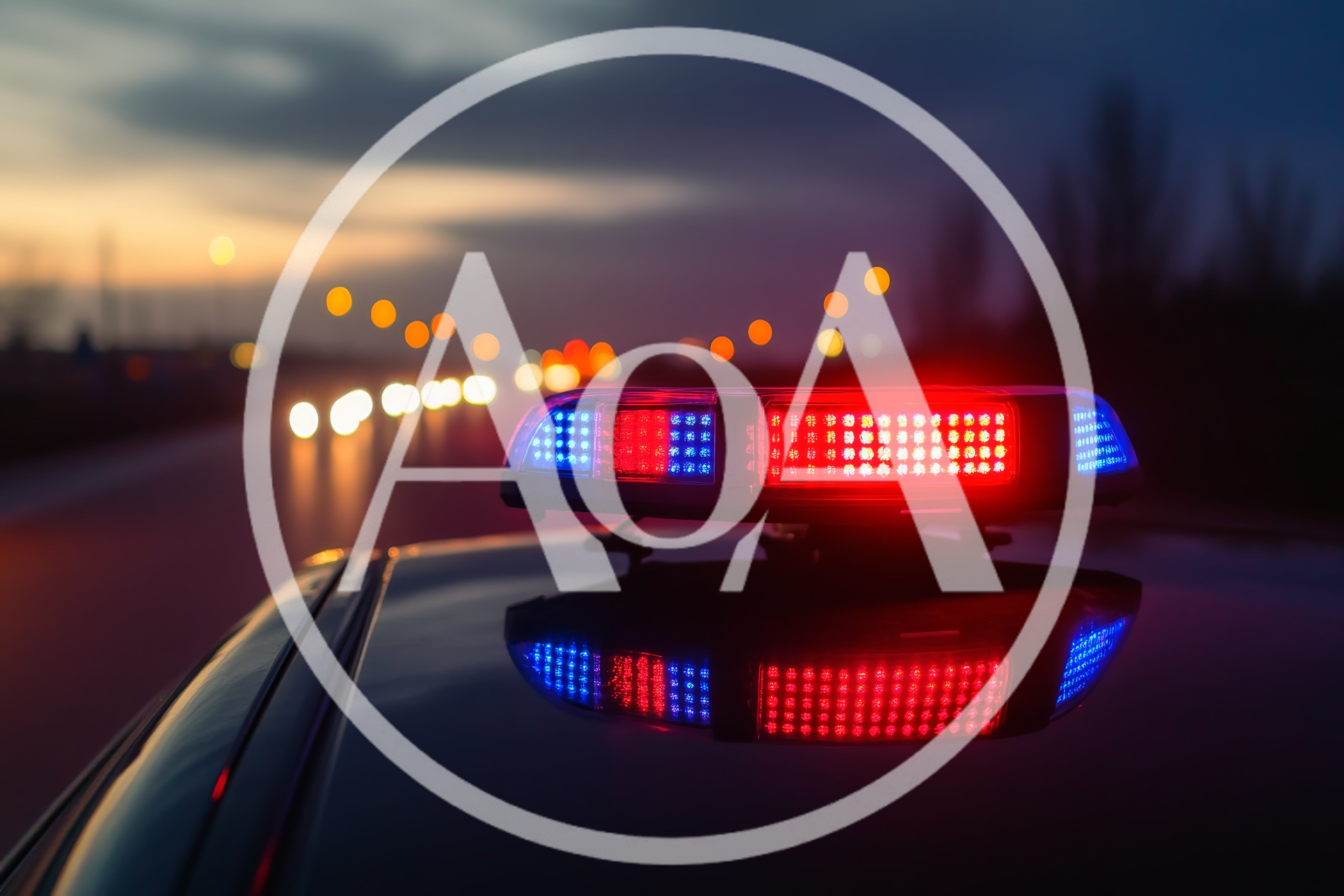 Police Car Emergency Lights Flashing On Highway At Night