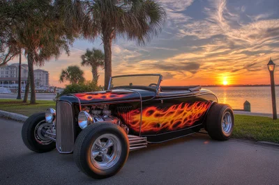 Custom Hot Rod Roadster Parked At Sunset