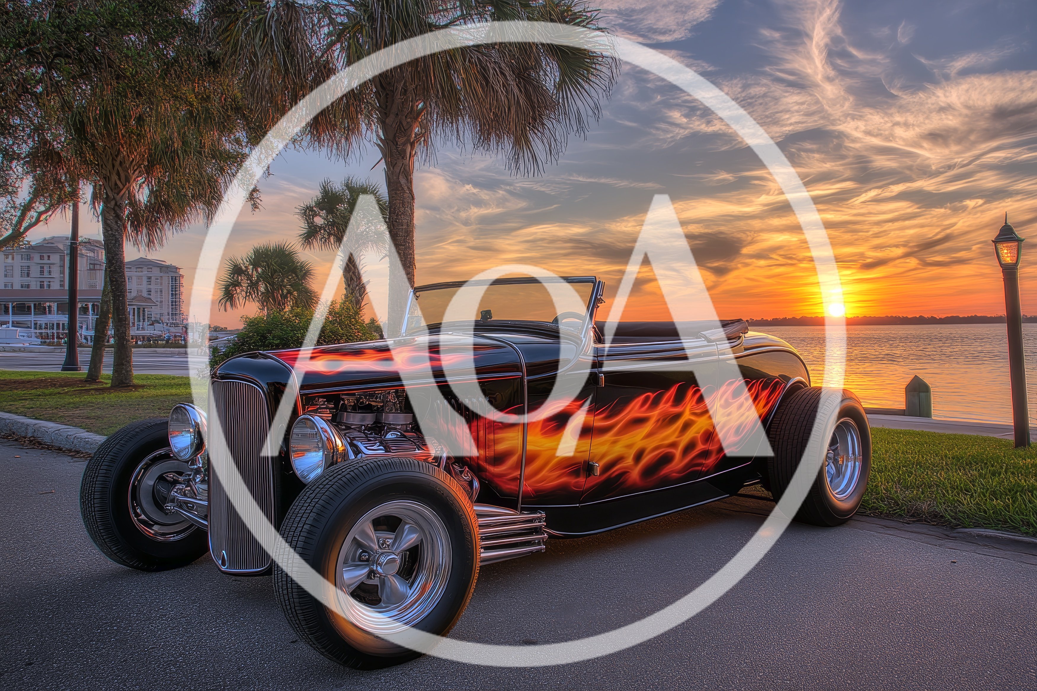 Custom Hot Rod Roadster Parked At Sunset
