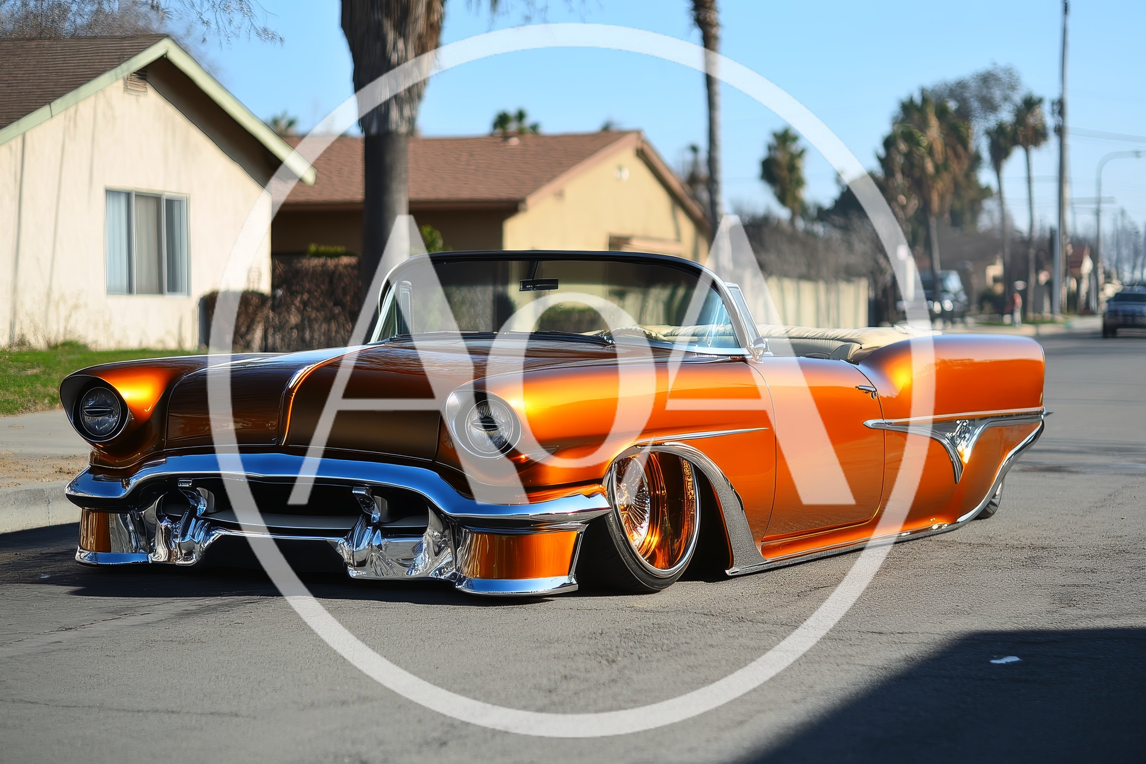 Custom Orange Lowrider Convertible Parked On Suburban Street