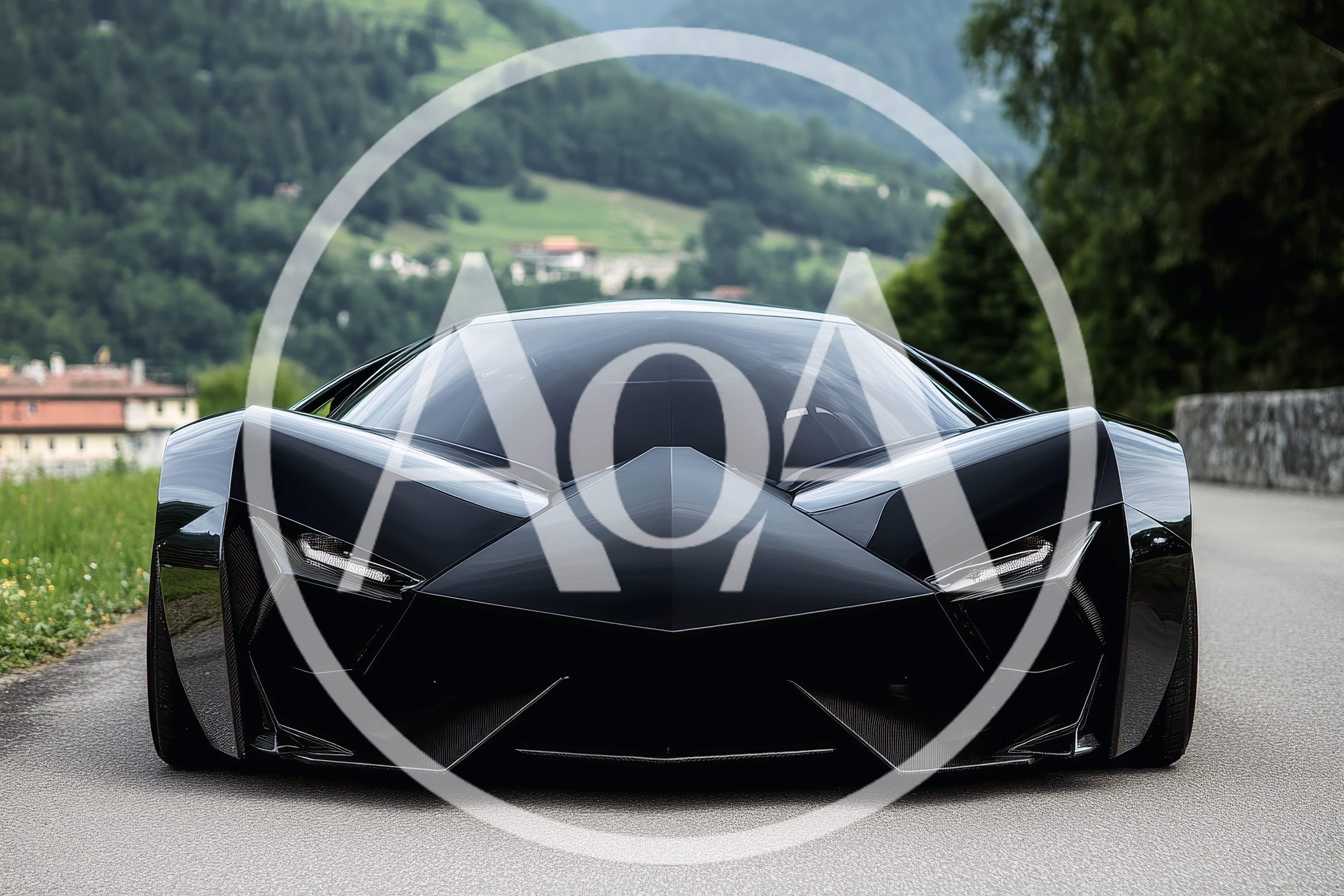 Futuristic Black Concept Supercar On Mountain Road