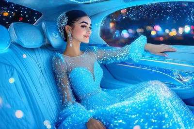Elegant Woman in Sparkling Blue Gown Inside Luxury Car