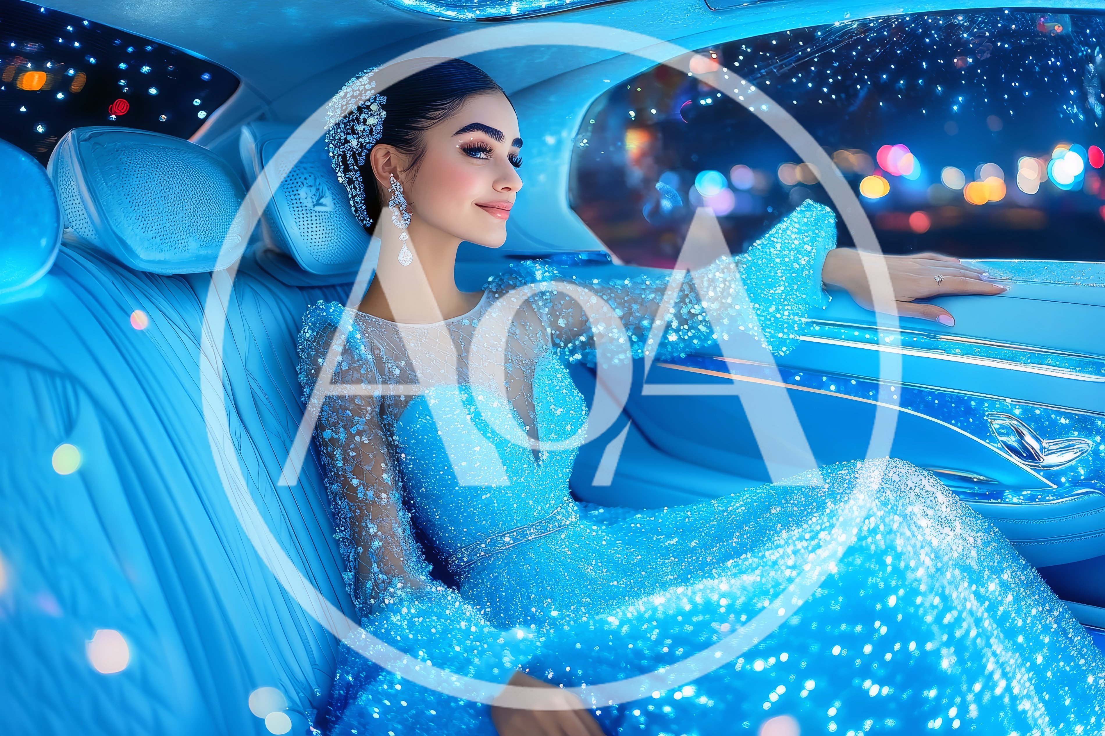 Elegant Woman in Sparkling Blue Gown Inside Luxury Car