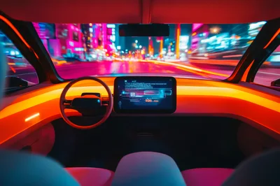 Futuristic Autonomous Car Interior Driving Through Neon City