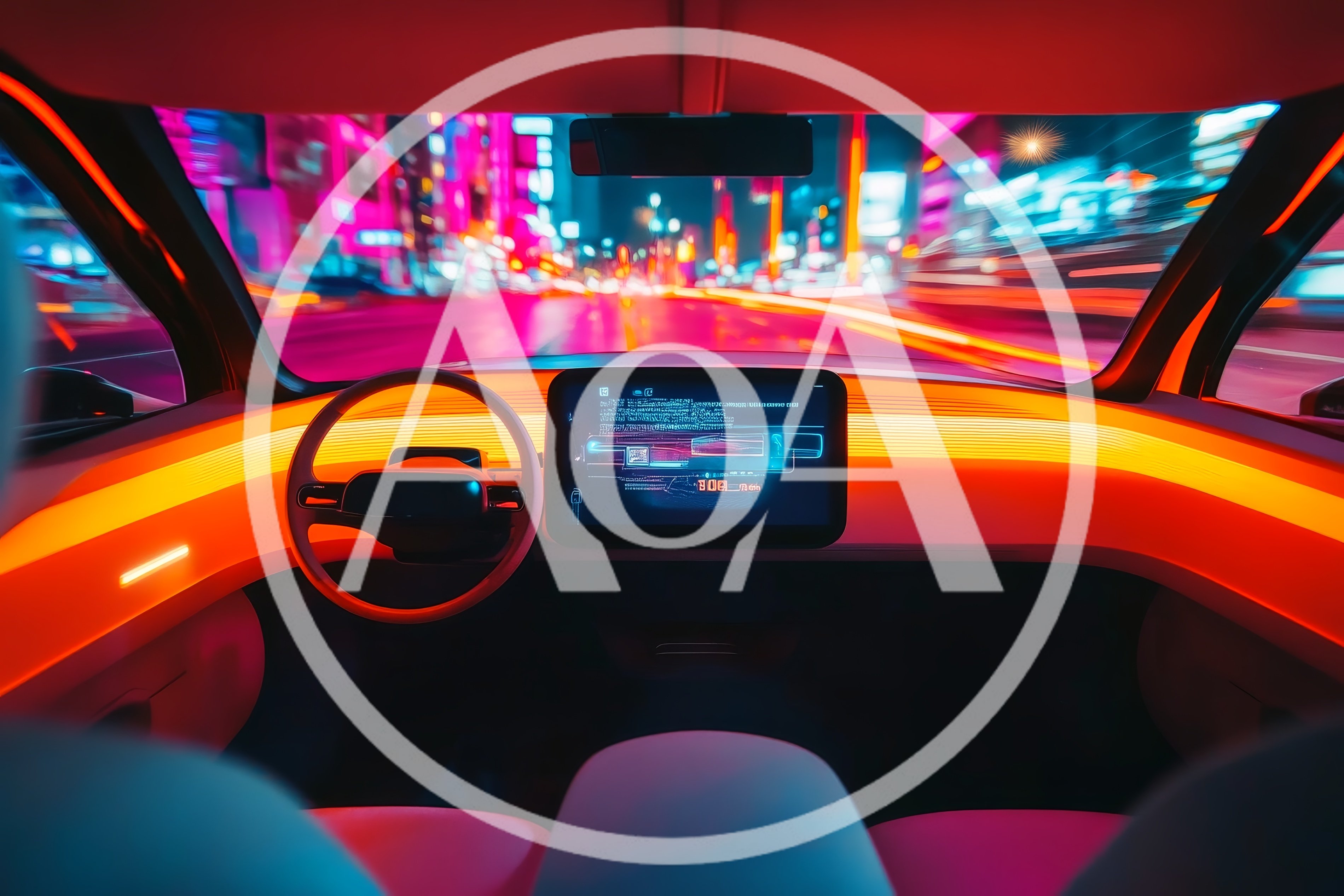 Futuristic Autonomous Car Interior Driving Through Neon City