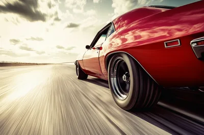 Red Muscle Car Speeding Down An Open Highway