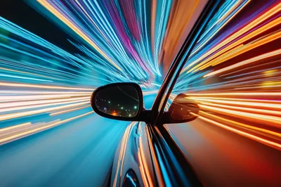 Car Side Mirror View During High Speed Night Drive