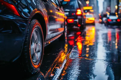 Traffic Jam on Wet City Street at Night
