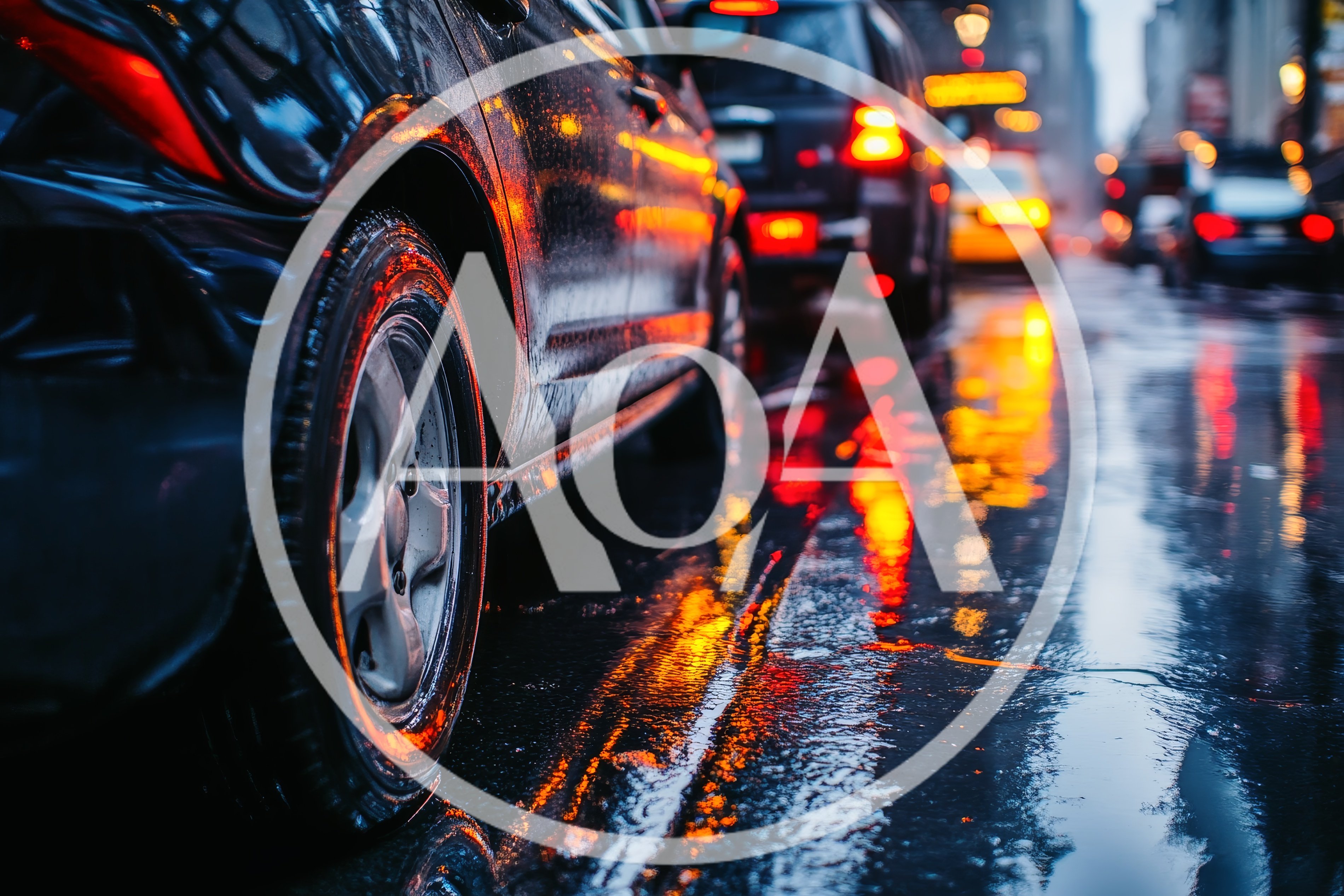 Traffic Jam on Wet City Street at Night