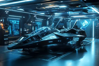 Futuristic Sci-Fi Fighter Jet Inside A High-Tech Hangar