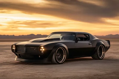 Custom Matte Black Muscle Car On Desert Salt Flats