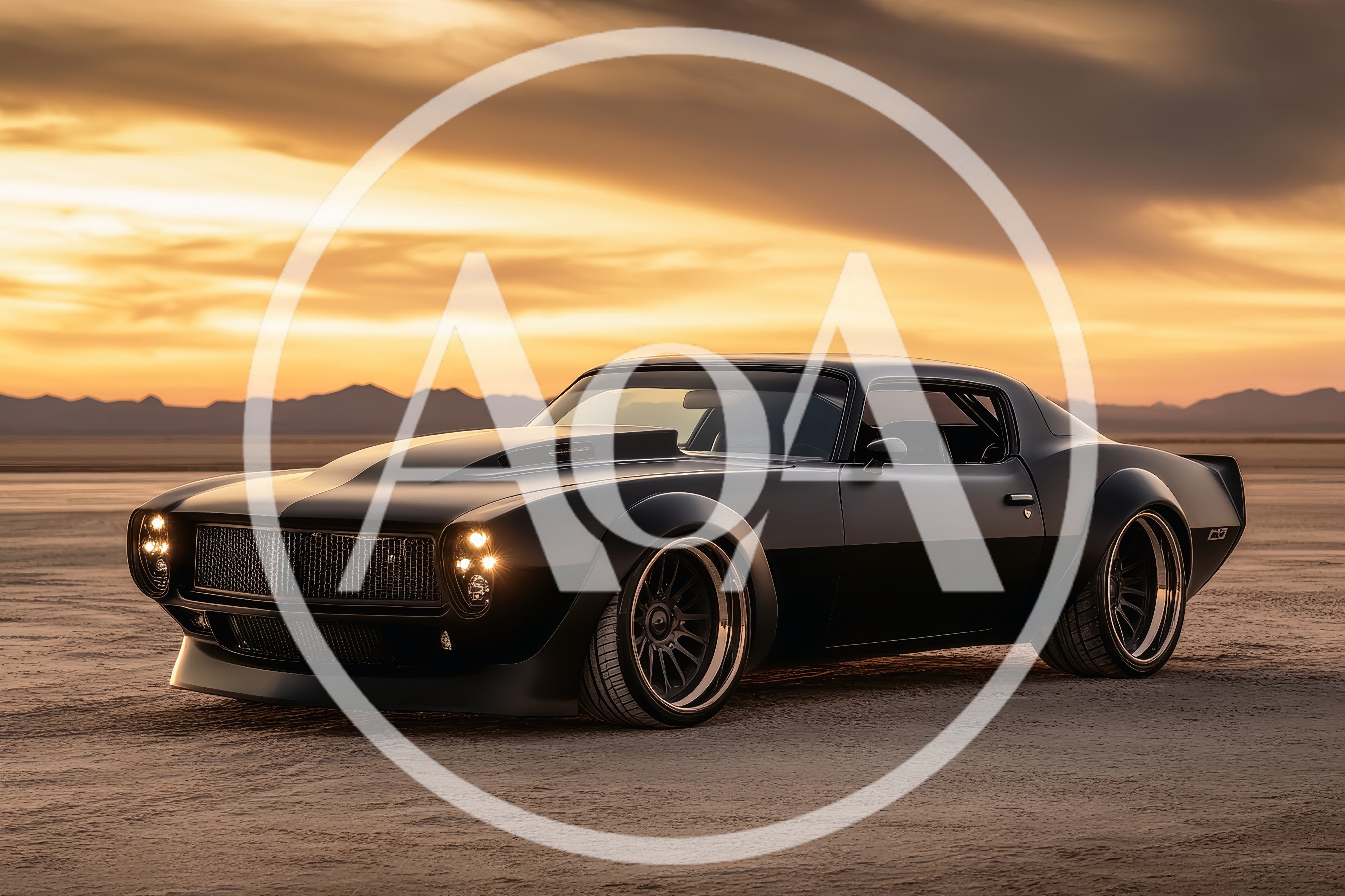 Custom Matte Black Muscle Car On Desert Salt Flats