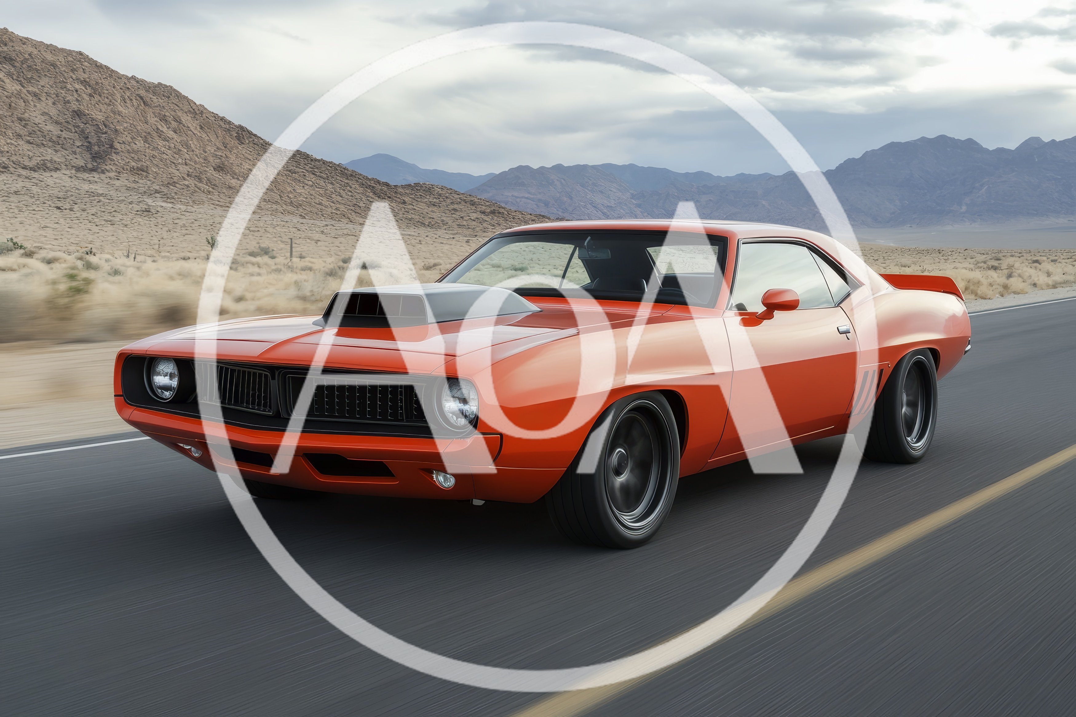 Orange Muscle Car Driving On Desert Highway