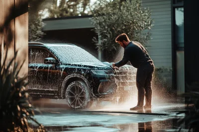 Man Washing A Black SUV In A Driveway