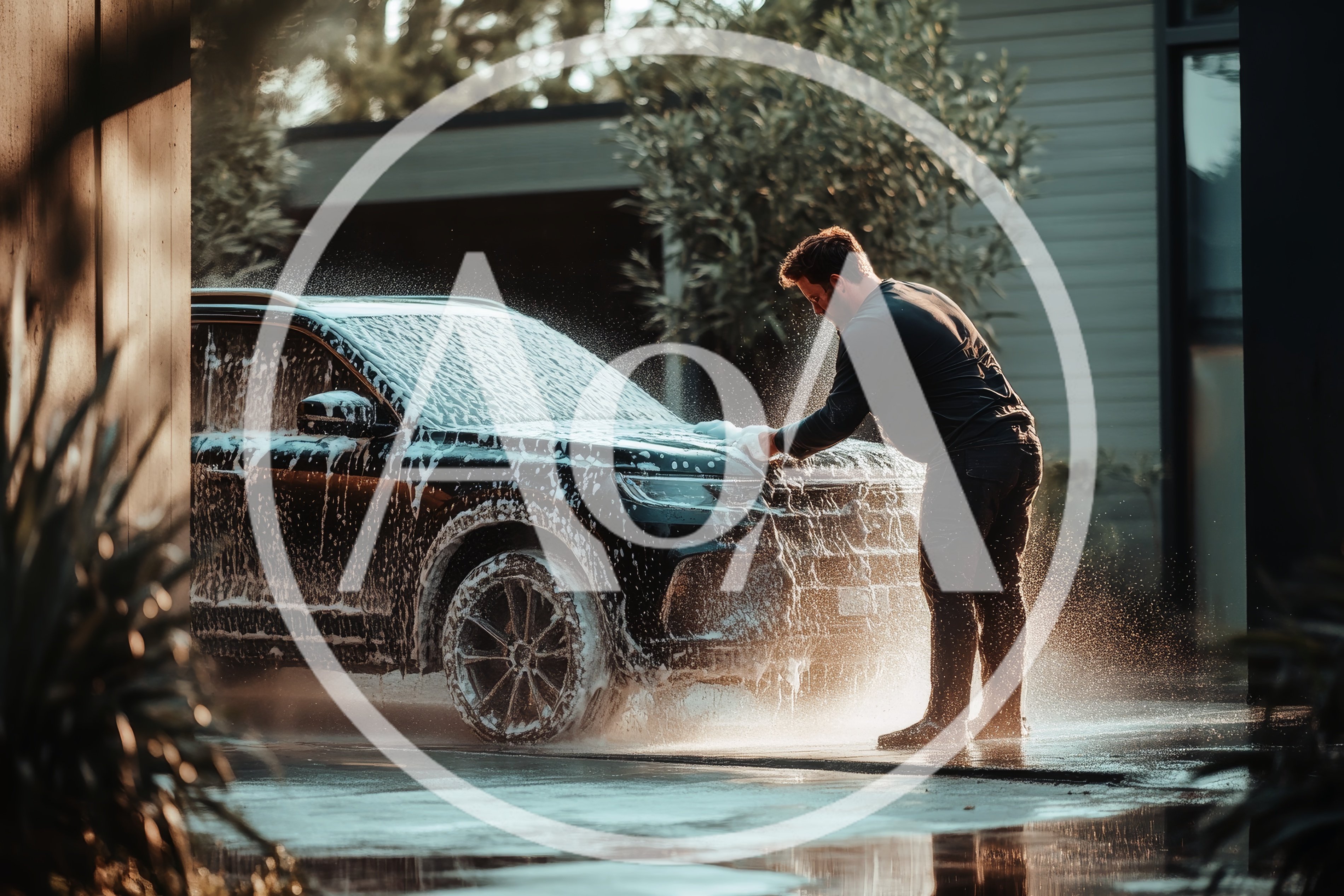 Man Washing A Black SUV In A Driveway