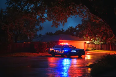 Police Cruiser Parked on Residential Street at Night