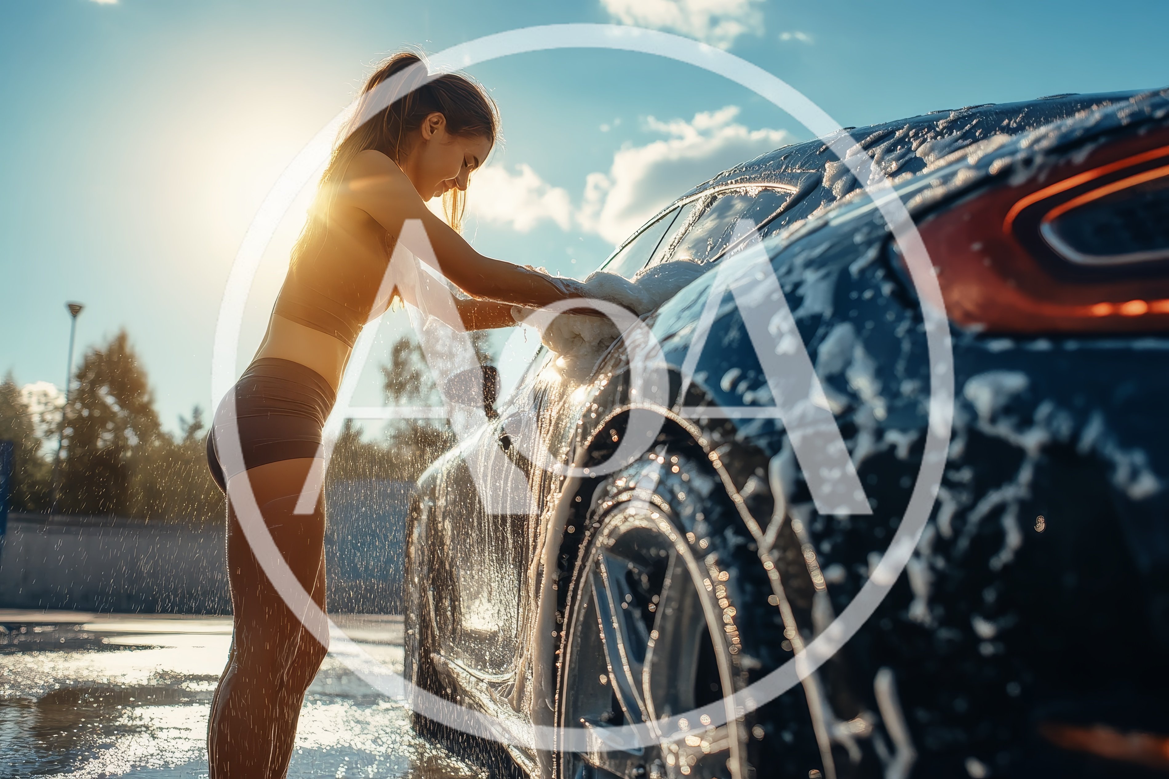 Young Woman Washing A Luxury Sports Car
