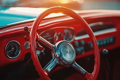 Interior View Of A Vintage Red Classic Car