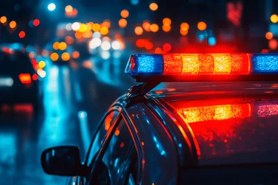 Police Car Emergency Lights Flashing At Night