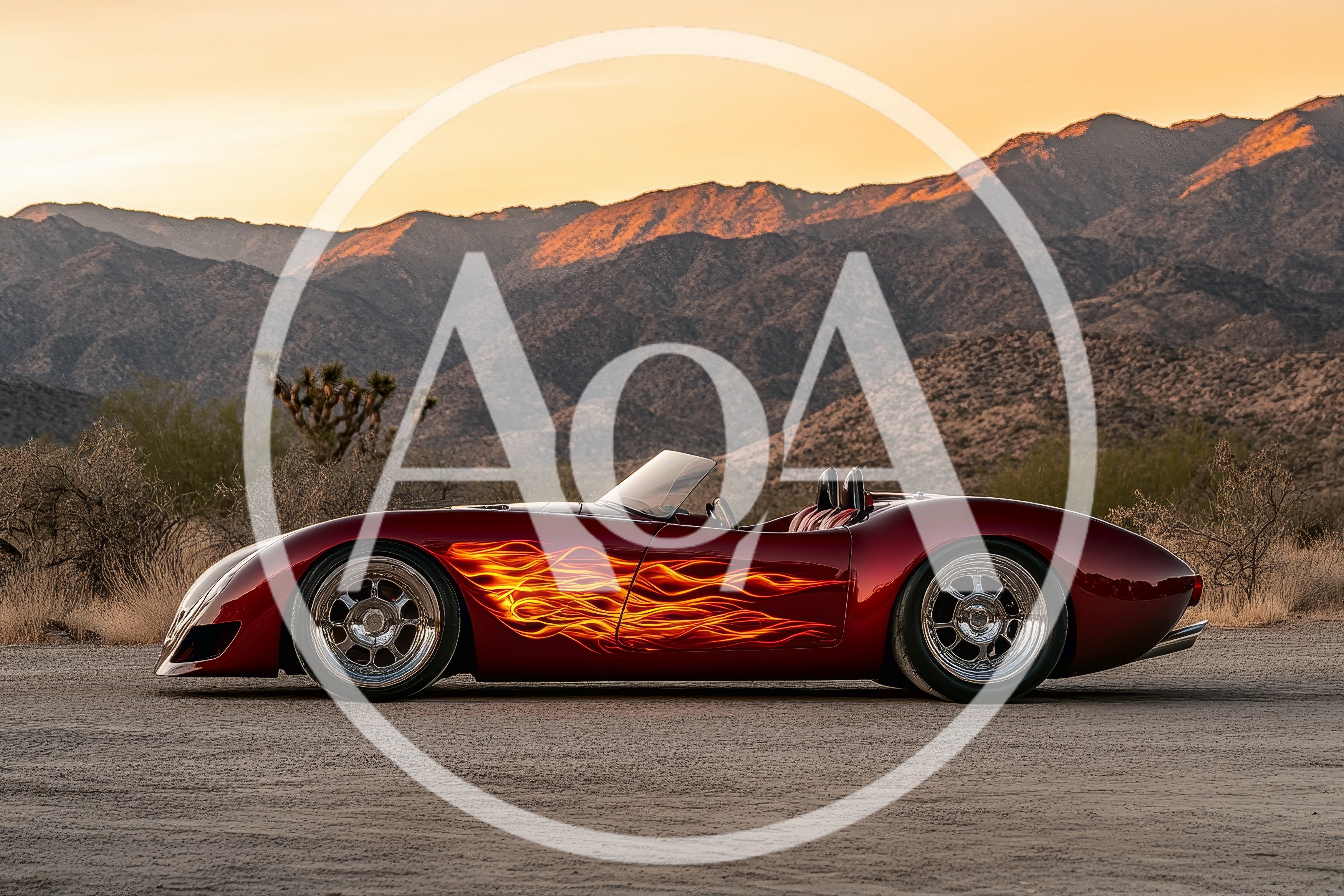 Custom Red Roadster With Flame Decals In Desert Landscape