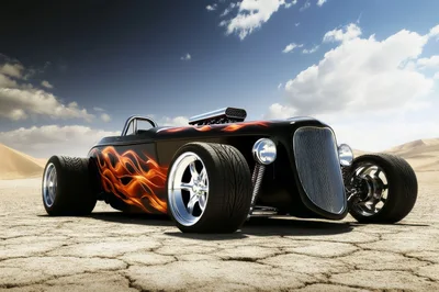 Custom Hot Rod Car on Dry Desert Lake Bed