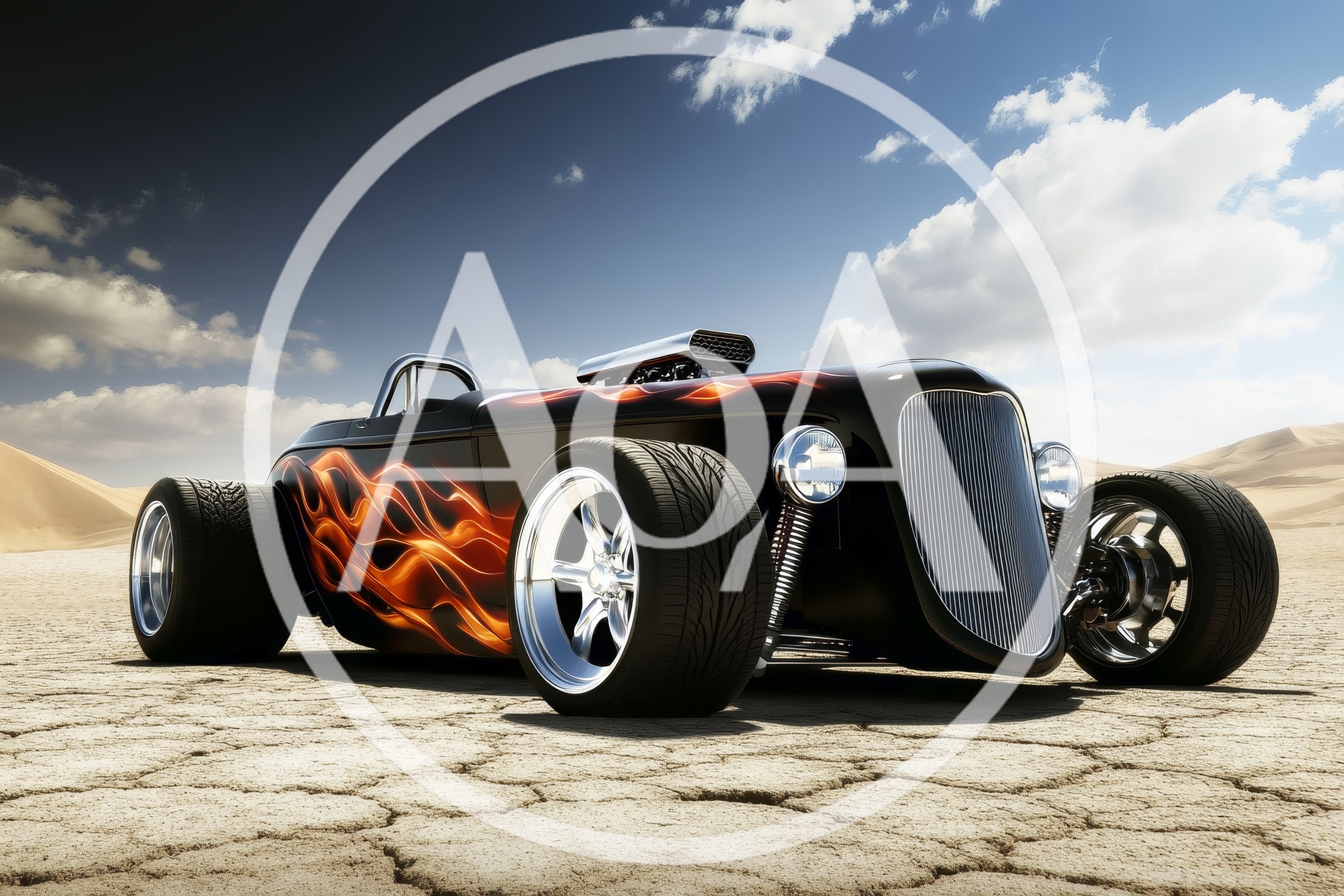 Custom Hot Rod Car on Dry Desert Lake Bed