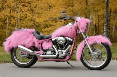 Custom Pink Fur Covered Motorcycle Parked Outdoors