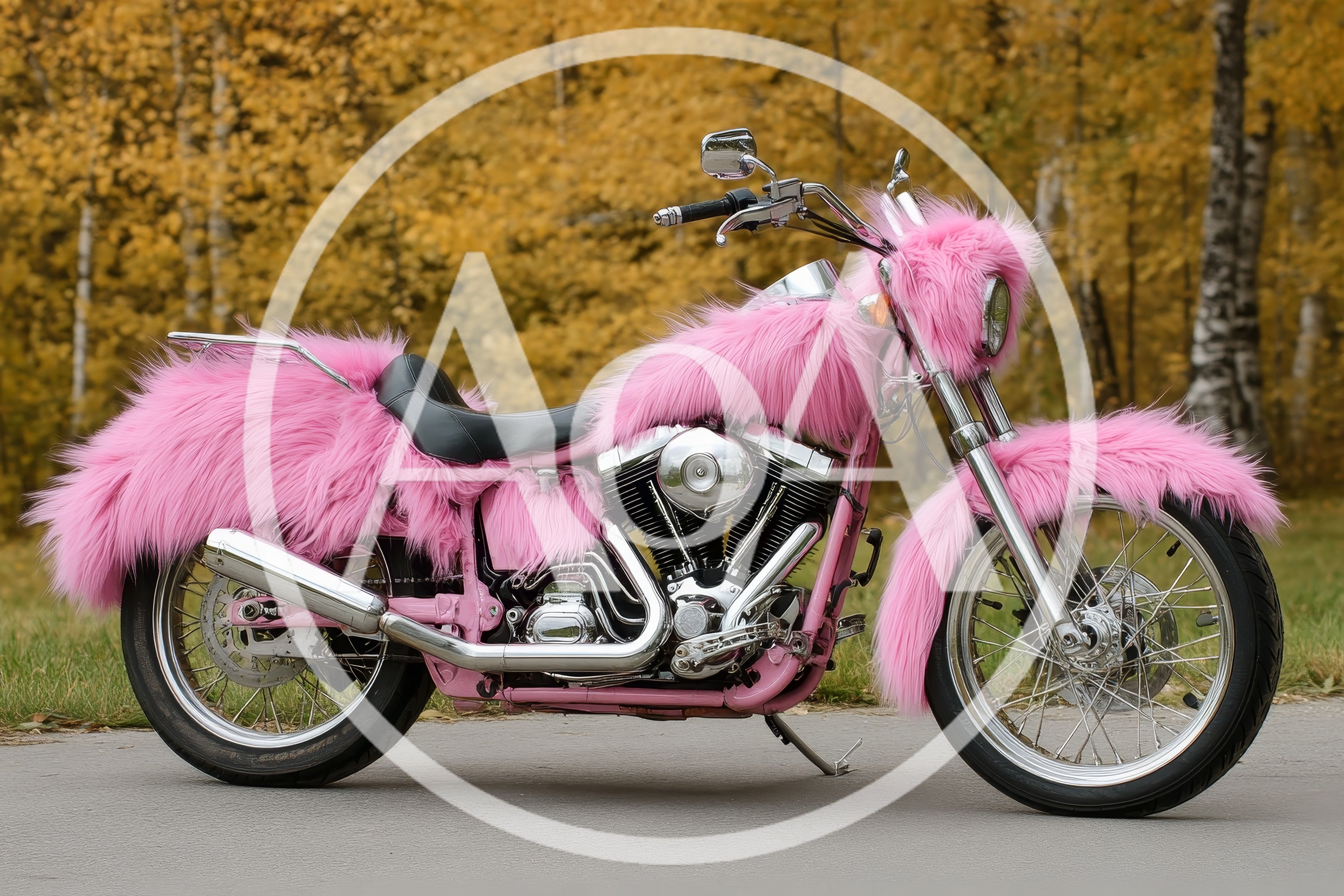 Custom Pink Fur Covered Motorcycle Parked Outdoors