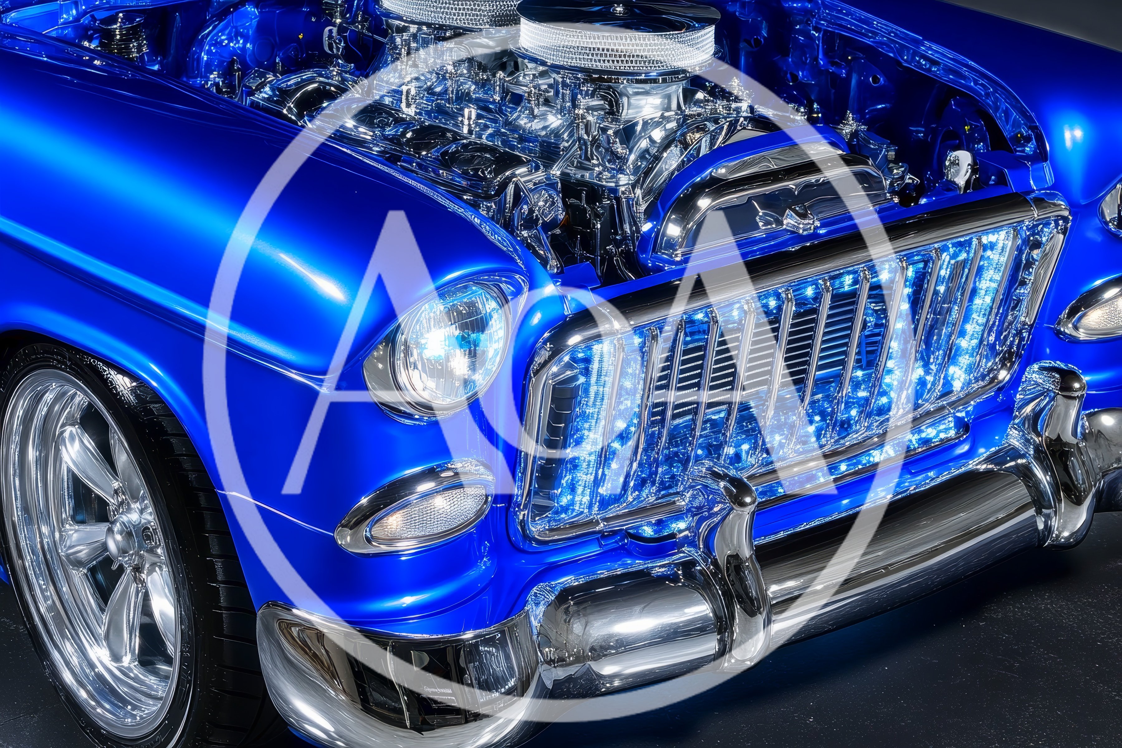 Custom Blue Classic Car With Illuminated Grille