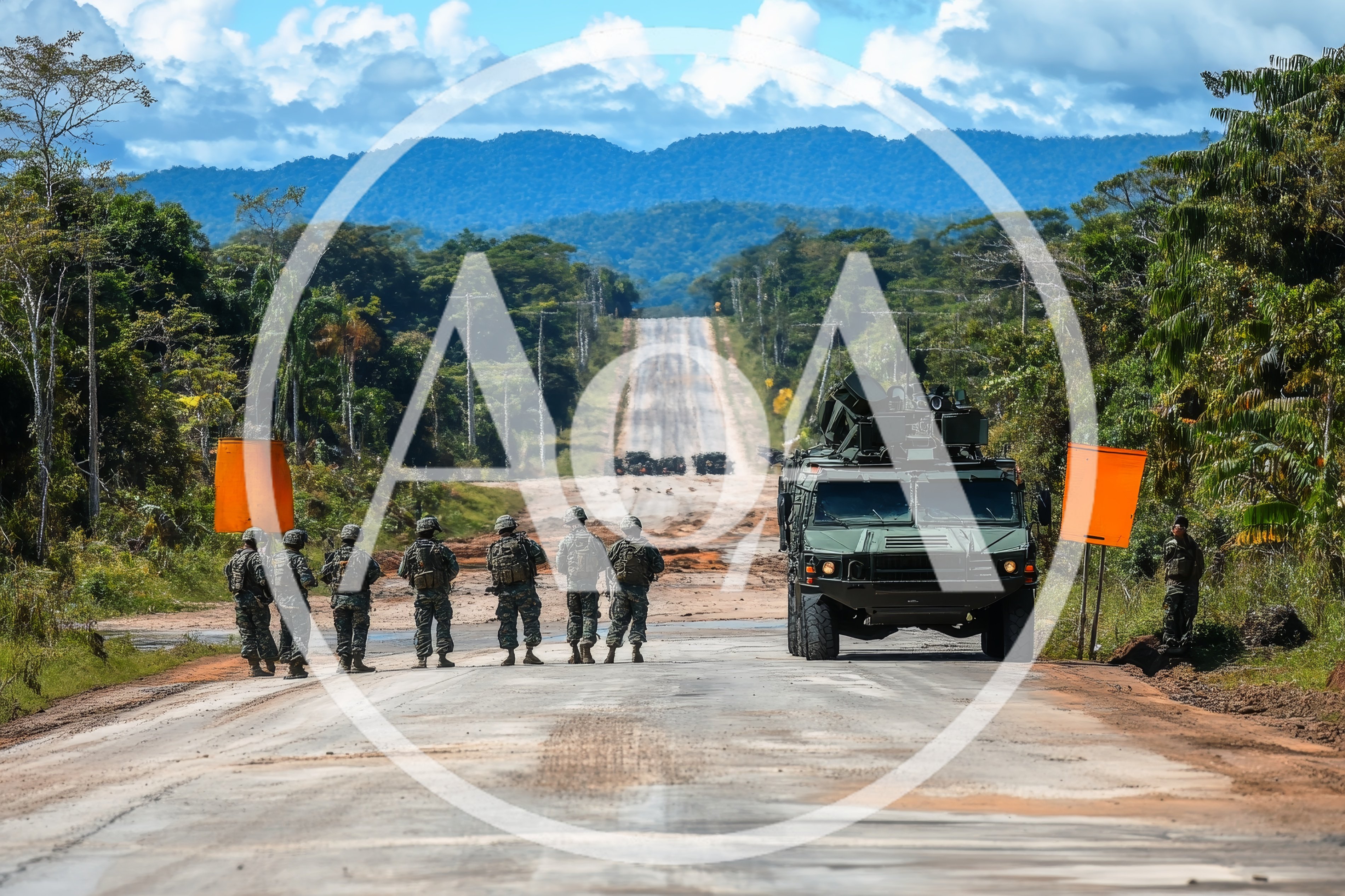 Military Soldiers Standing Guard Beside Armored Vehicle