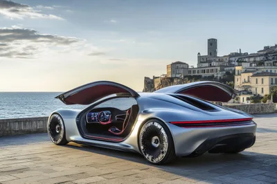 Futuristic Silver Concept Car Parked By The Sea