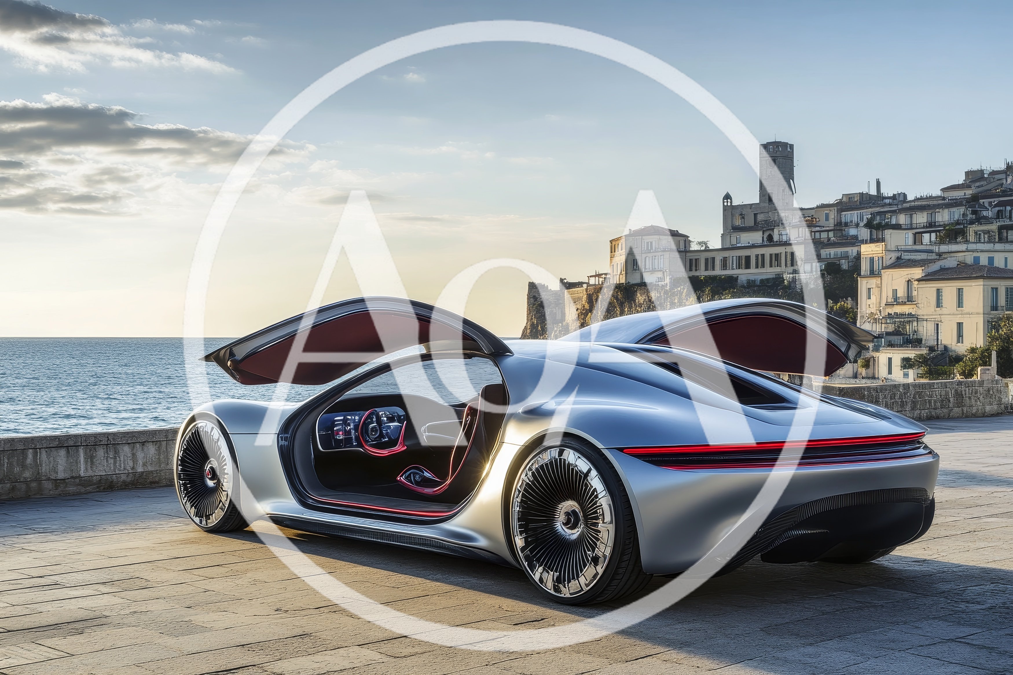 Futuristic Silver Concept Car Parked By The Sea