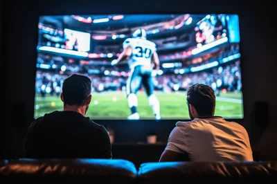 Two Men Watching American Football Game On Large Television