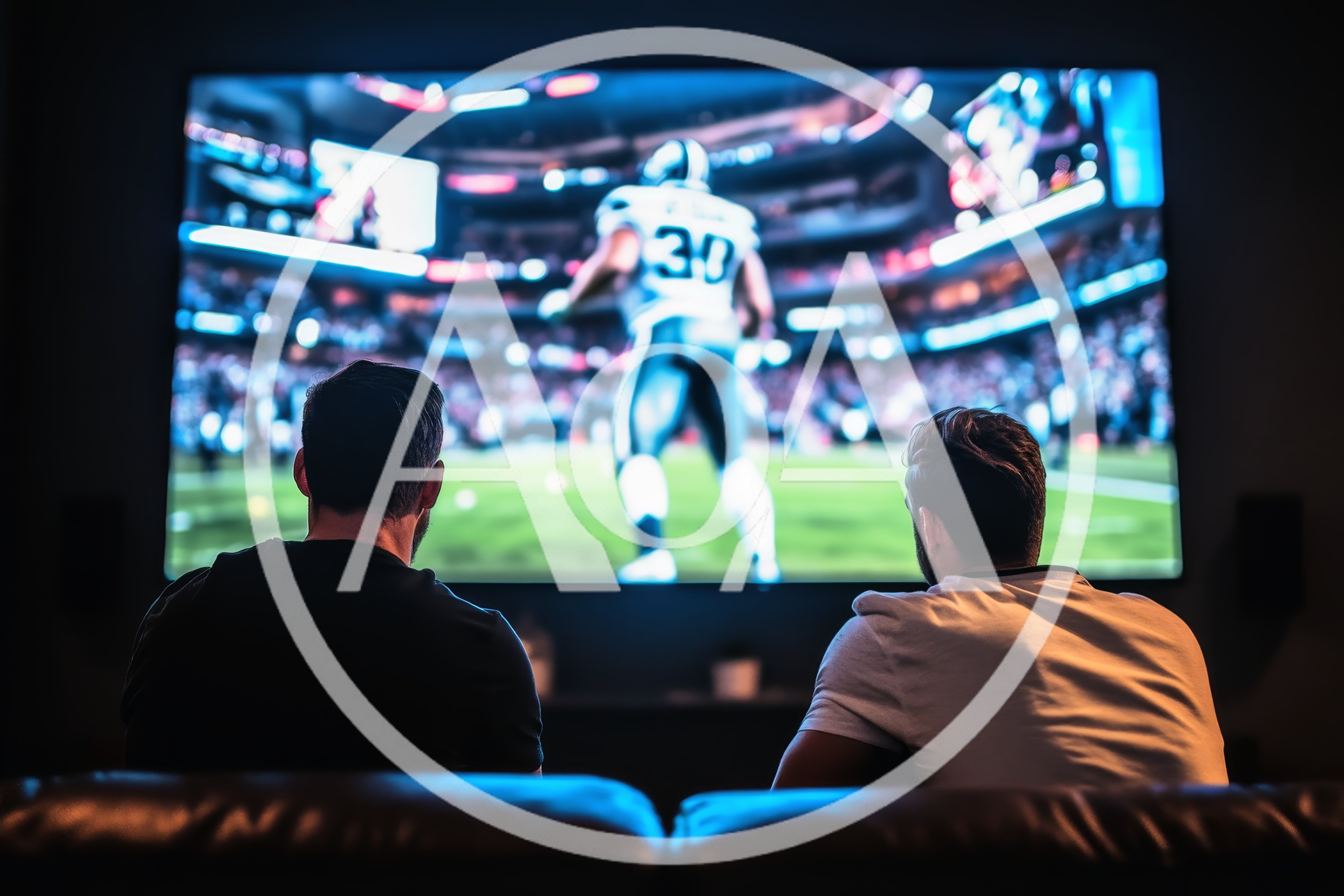 Two Men Watching American Football Game On Large Television