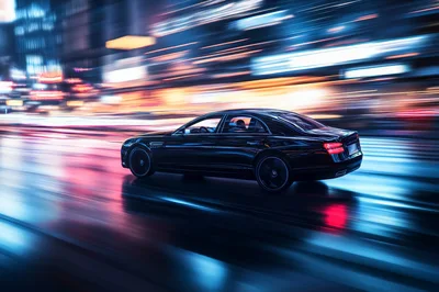 Black Luxury Sedan Driving Through City at Night