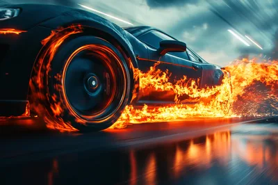 Sports Car Speeding With Flaming Wheels On Wet Asphalt