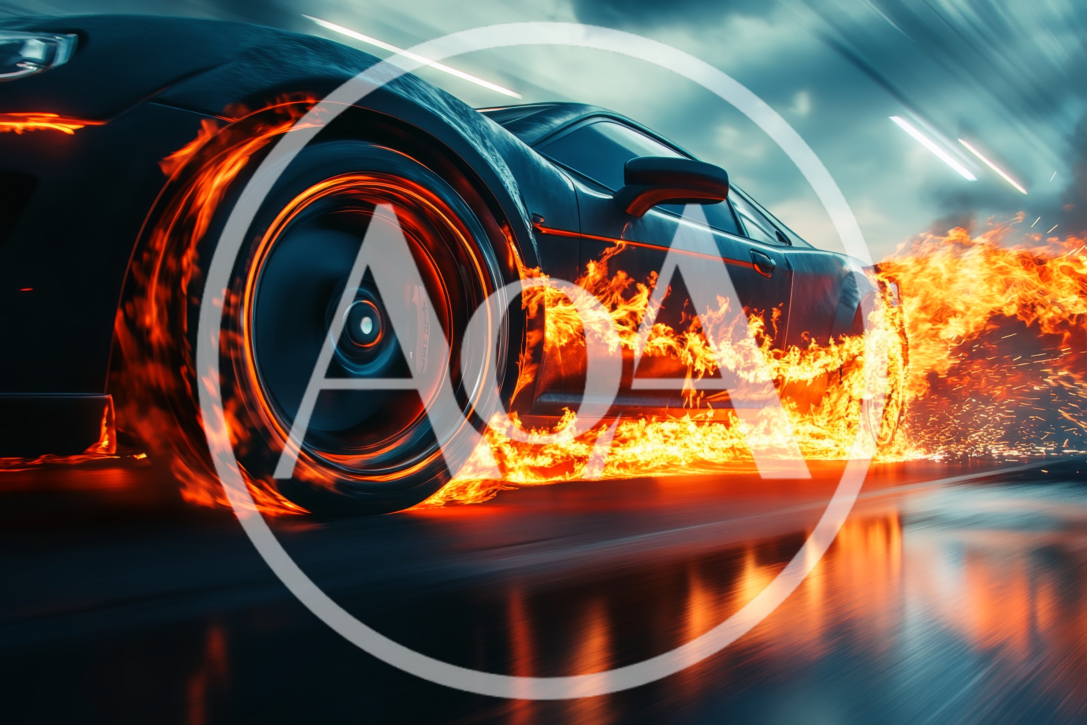 Sports Car Speeding With Flaming Wheels On Wet Asphalt