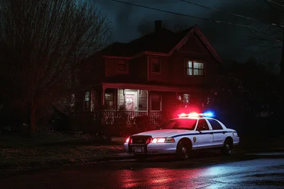 Police Cruiser Parked Outside A Dark Residential House
