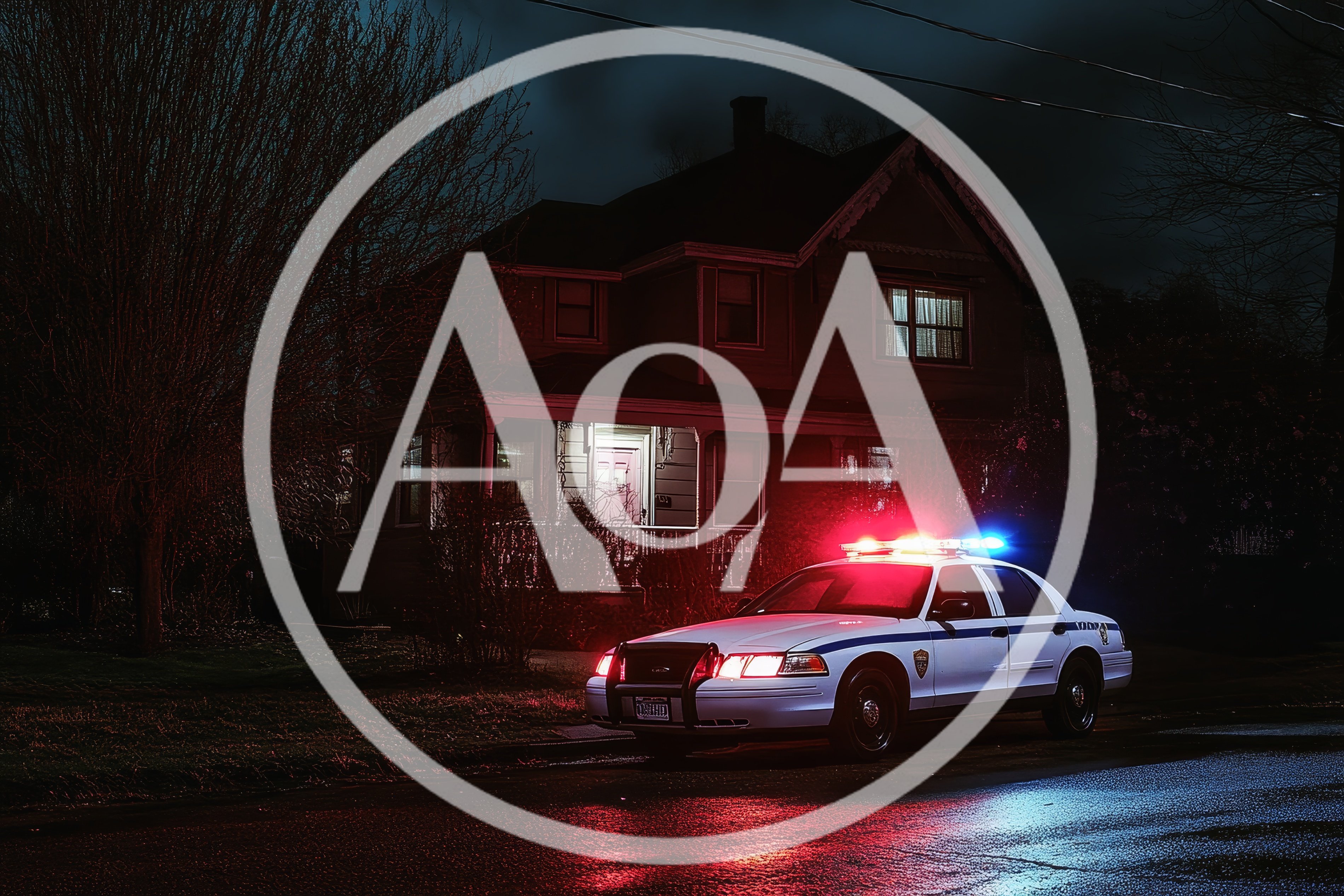 Police Cruiser Parked Outside A Dark Residential House
