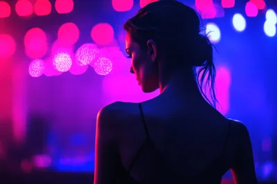Woman Standing In A Vibrant Nightclub With Neon Lighting