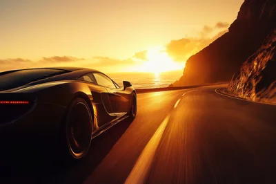 Supercar Driving Along Coastal Highway At Sunset