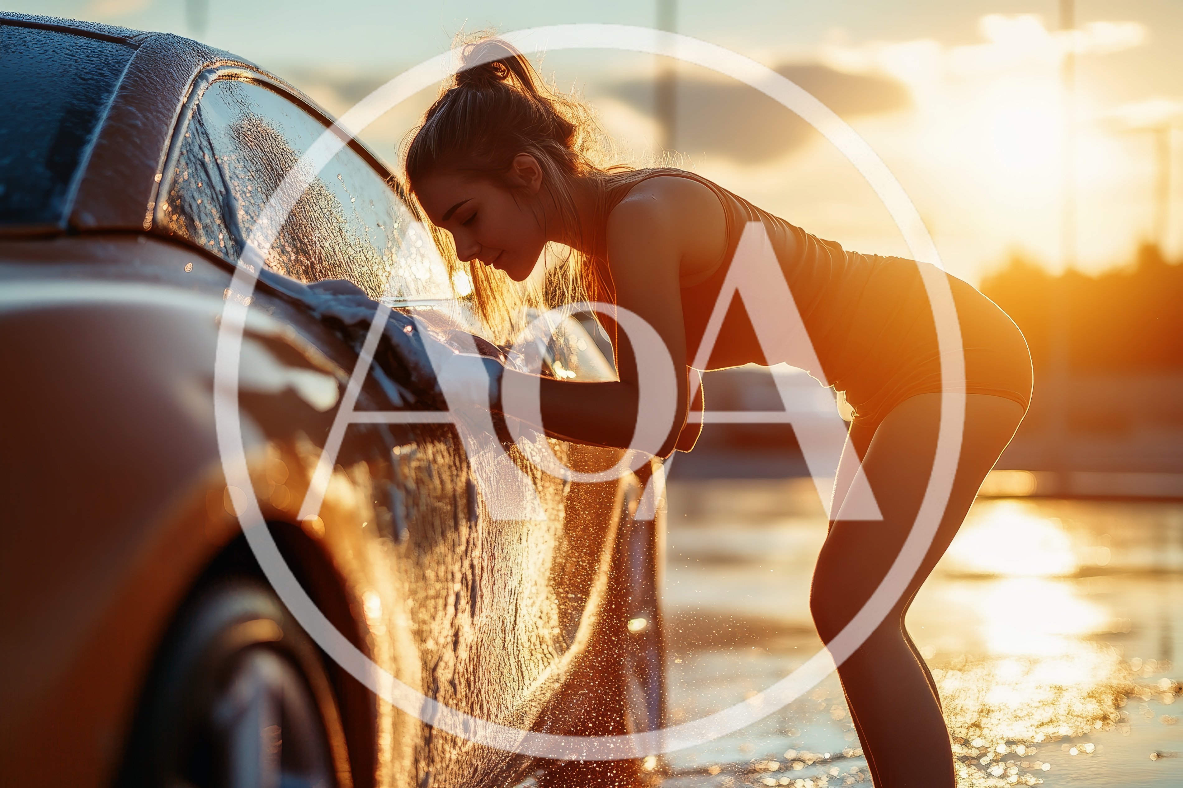 Young Woman Washing Her Car At Sunset
