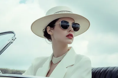Elegant Woman Wearing White Hat And Sunglasses In Convertible