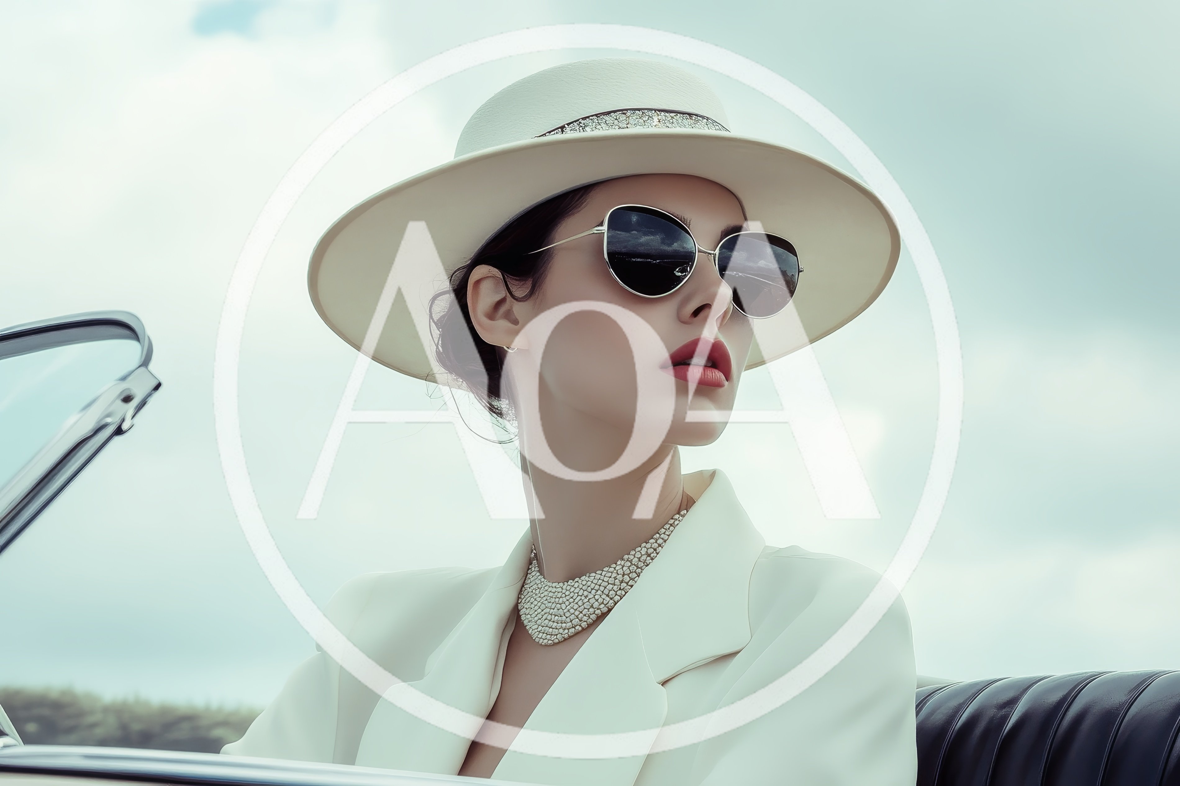 Elegant Woman Wearing White Hat And Sunglasses In Convertible