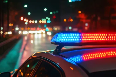 Police Car Emergency Lights Flashing At Night