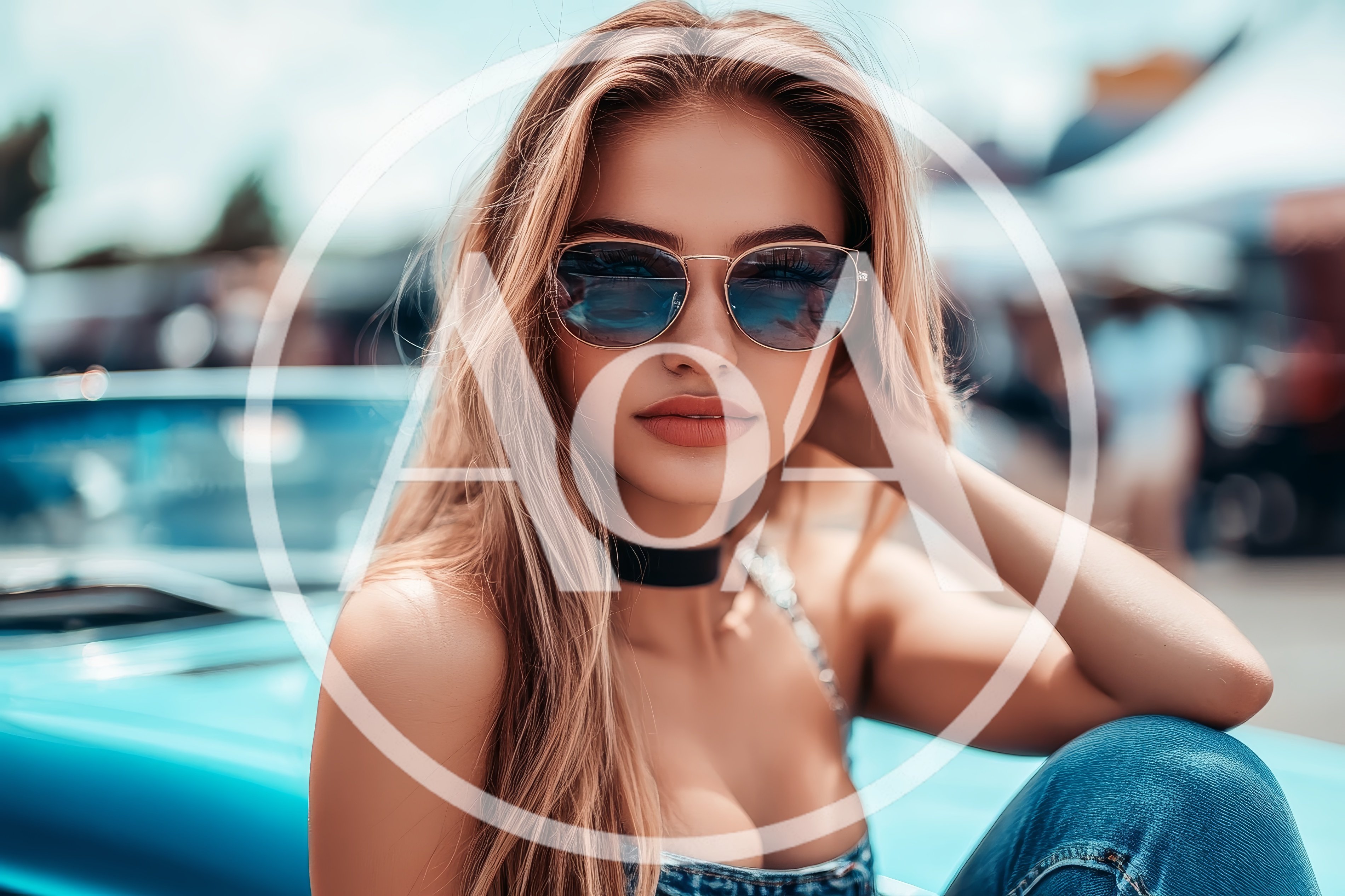 Stylish Young Woman Posing Near Vintage Blue Convertible