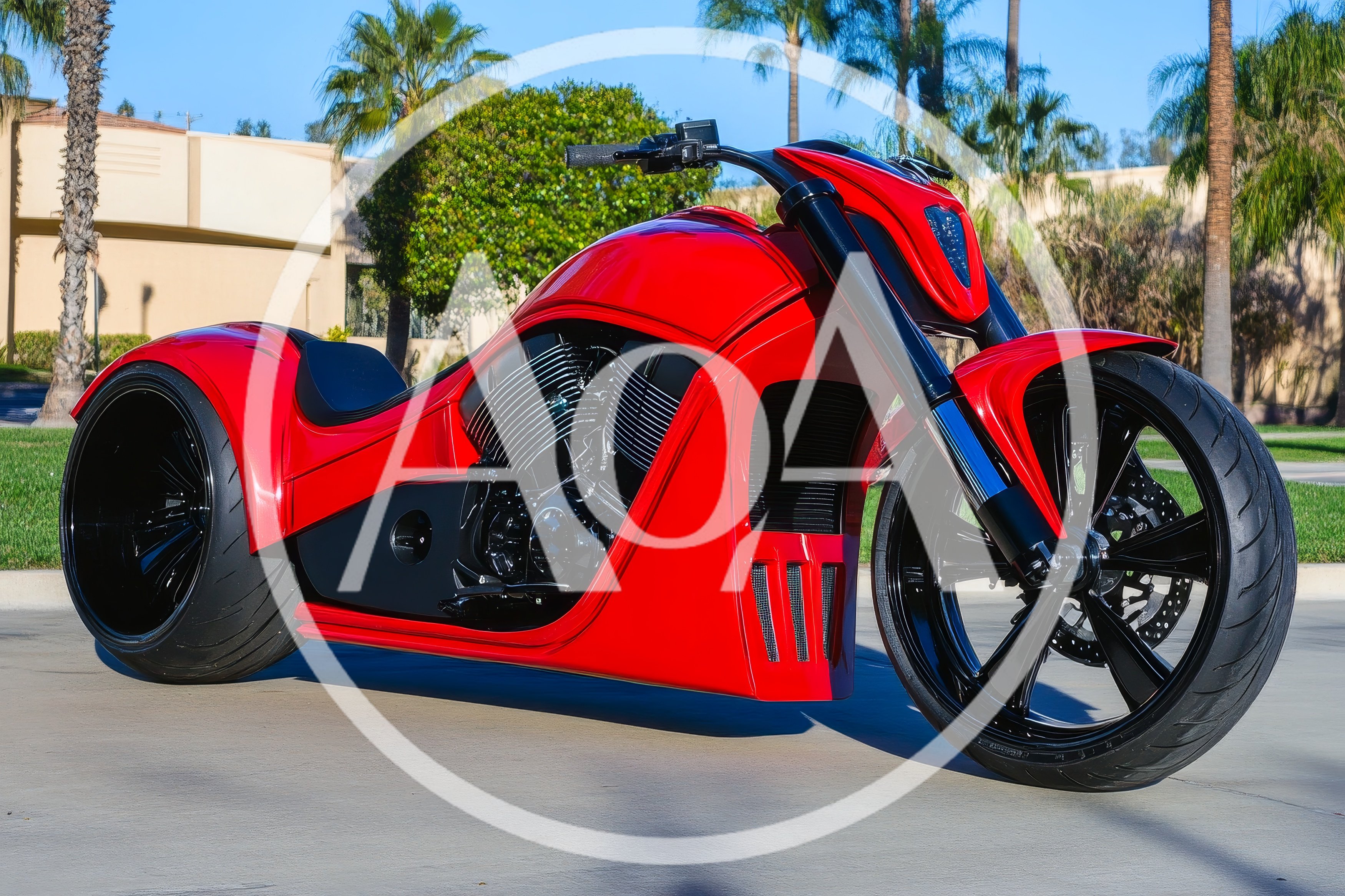 Custom Red Chopper Motorcycle Parked Outdoors