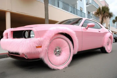 Pink Furry Dodge Challenger Parked On City Street