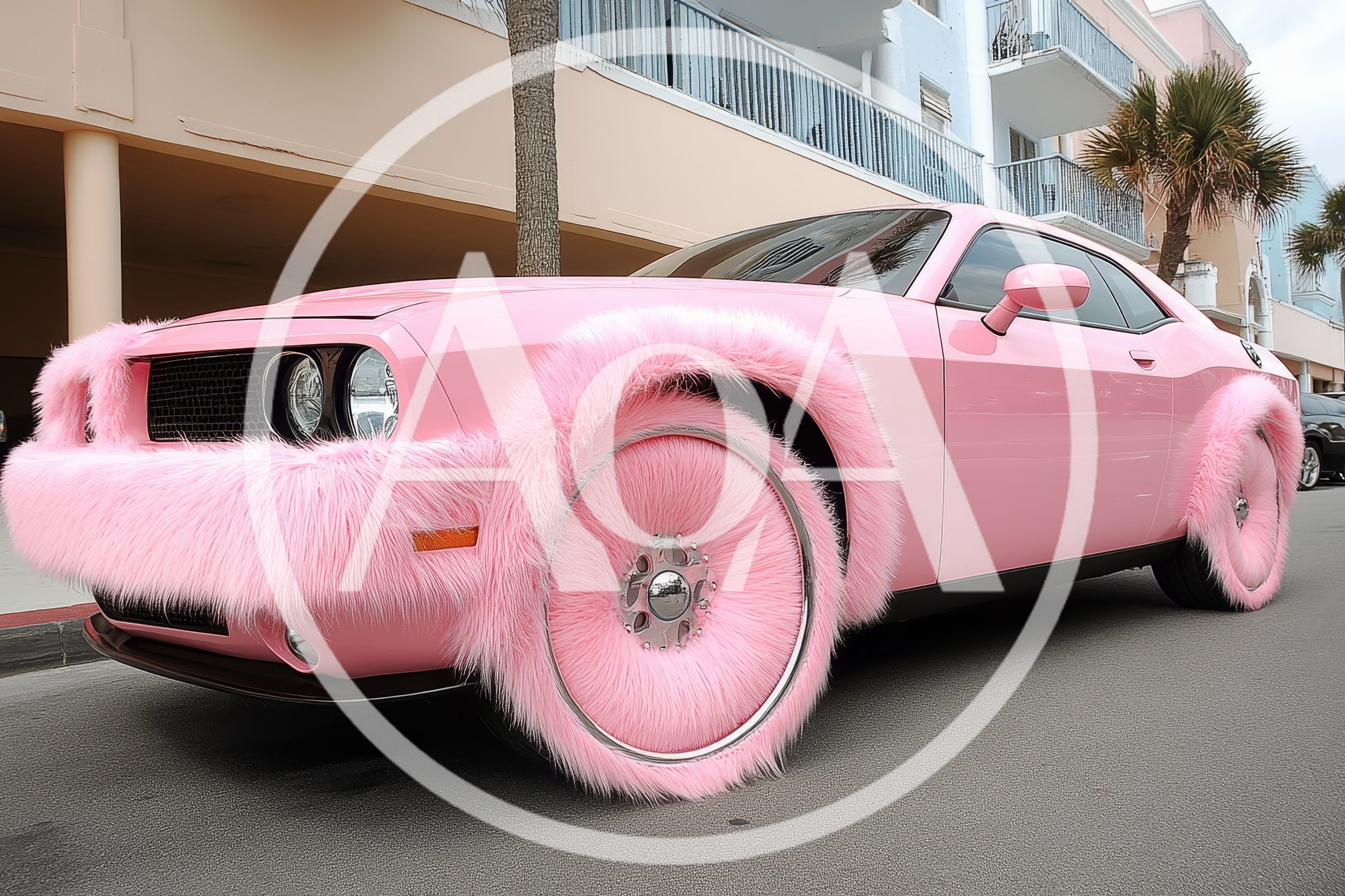 Pink Furry Dodge Challenger Parked On City Street